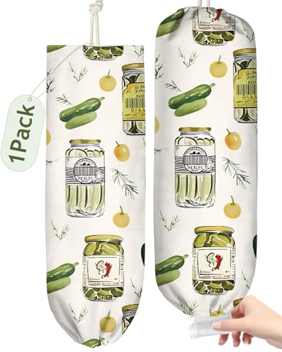 Kokaaee Plastic Bag Holder Organizer - 1 Pack Reusable Canvas Grocery Bags Holder Hanging Wall Cute Aesthetic Shopping Bag Storage Dispenser with Drawstring Closure for Kitchen Home, Canned