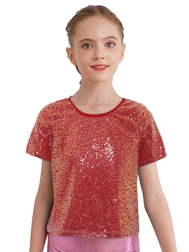 Kids Girls Sequin Shirt Hip Hop Jazz Dance Top Sparkly T-Shirt Short Sleeve Shiny Party Pullover Tee2