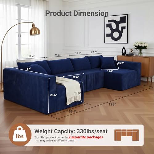 Image of Claiks 128 inch Modular U‑Shaped Boneless Cloud Couch, Deep Seat Sectional Sofa with Double Chaise, No Assembly Required, Modern Oversized Couches for Living Room, Blue