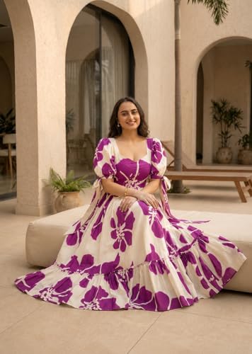Image of Modestouze Attires Women's Floral Pattern Rayon Blend Maxi Dress with Sweetheart Neck Half Puff Sleeve Floor Length and Zipper Closure Type | Maxi Dress for Women Stylish | Dress for Women