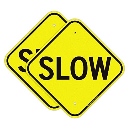 Faittoo Slow Sign, 2-Pack 12 x 12 Inch Reflective Rust Free Aluminum Traffic Signs, UV Protected, Weather/Fade Resistant, Easy to Install and Read, Indoor/Outdoors Use