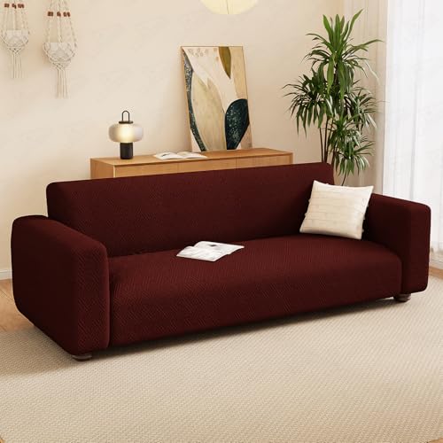 Image of Lukzer 1 Seater Pastel Deep Maroon Grid Maze Pattern Sofa Cover | 240 GSM Universal Stretch Fit Jacquard Fabric Couch Protector | Fully Covered Anti Slip & Washable Sofa Cover (90-140cm /SC-109-01)