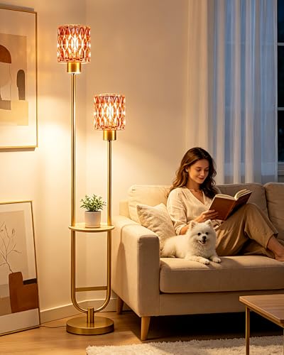 Image of Deep-Red Glass Floor Lamp with Table Shelf, Modern Gold Standing Lamp, Tall Farmhouse Floor Lamp with Foot Switch & 3000K Warm White Bulb Included for Living Room Bedroom Home Office