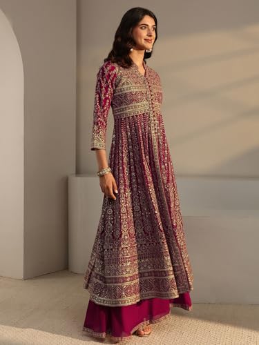 Image of Libas Art Embroidered Georgette Anarkali Kurta With Palazzos and Dupatta | ethnic wear | bridal suit | occasion wear