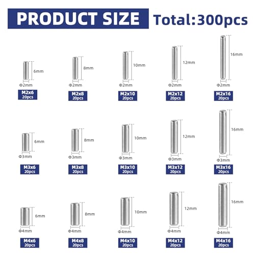 SUPAWAY 300 Stück Zylinderstifte M2 M3 M4 Zylindrische Metallstifte 304 Edelstahl Zylinderstift, Zylindrischer Regalstützstift, Passstift mit Box für Mechanische Fertigung, Industrie Möbelinstallation