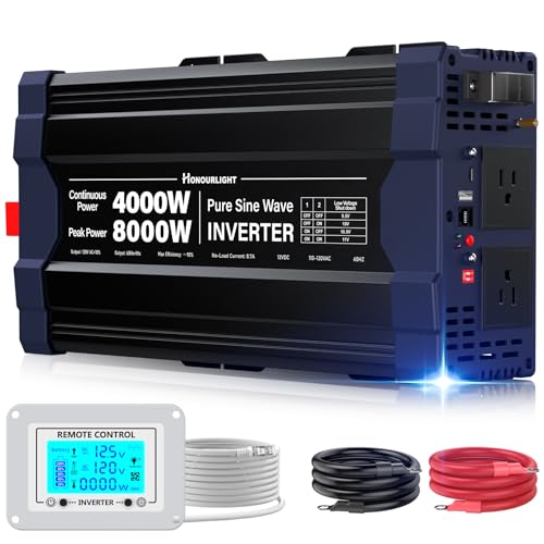 Image of 4000W Pure Sine Wave Inverter,Peak Power 8000W 12V DC to AC 110V120V,Remote Control with 2AC Outlets and USB Port,LED Display for Power Converter,Outdoor Activities,Emergency,Vehicles Truck RV Solar