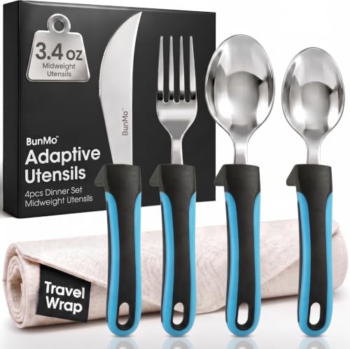 BUNMO Adaptive Utensils for Elderly | Blue Adaptive Weighted Utensils for Hand Tremors, Parkinsons, Arthritis | Handicap Silverware Built Up Flatware for Adults | Assistive Eating Cutlery