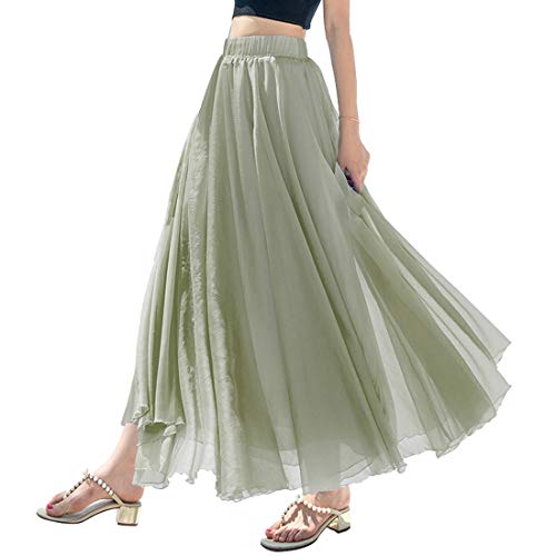 CHARTOU Womens Elastic Waist Multilayer Flowy Chiffon Maxi Pleated Long Beach Skirt (Green, Medium)