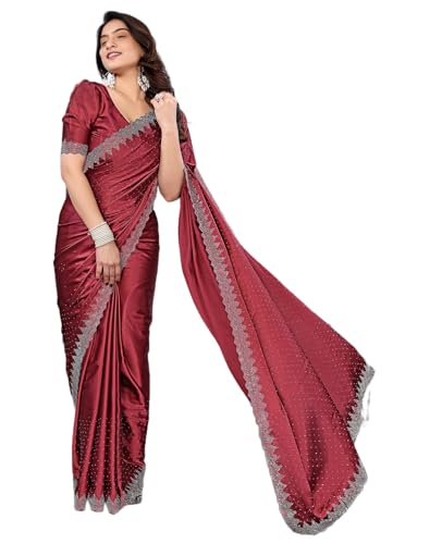 Yashika Women's Hot Fix Work and Solid Color Satin Moss Saree Wit...
