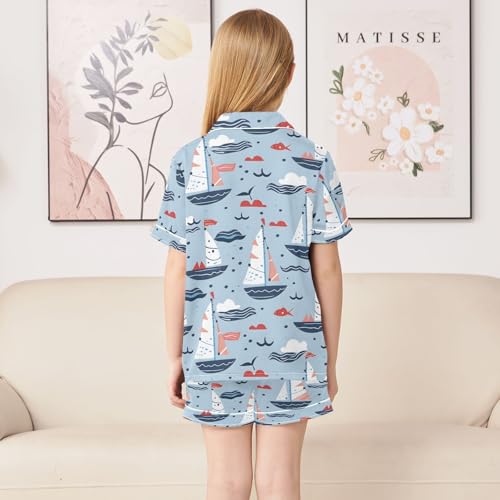 ALAZA Sailboat Bird Blue Satin Pajamas Set Short Sleeve Button Down Sleepwear Summer Pjs 2 Piece4
