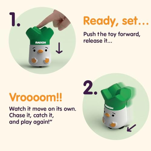 Image of Press & Go Veggie Runner Toy Pack of 4 for Kids with Colorful Carrot, Brinjal, Radish & Pineapple Designs, Push and Go Action Toy, Best Gift for Kids, 3+ Years