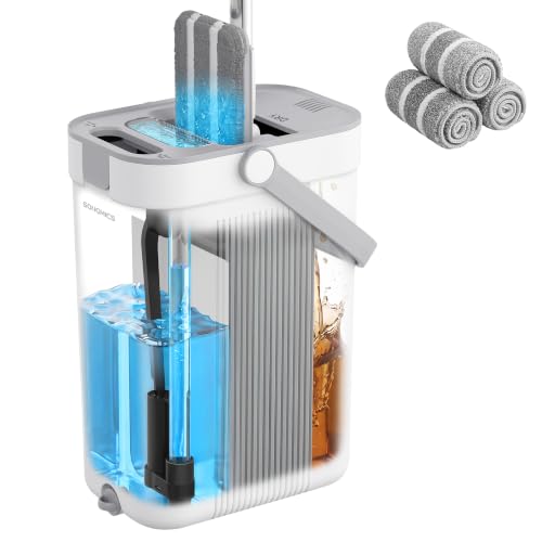 SONGMICS Ensemble Serpillère et Seau, Séparation Eau Propre/Sale, Seau à 3 Compartiments, avec Essoreur, Balai Plat, Tête Rotative 360°, 3 Chiffons Microfibres, Blanc et Gris LMB001WT03