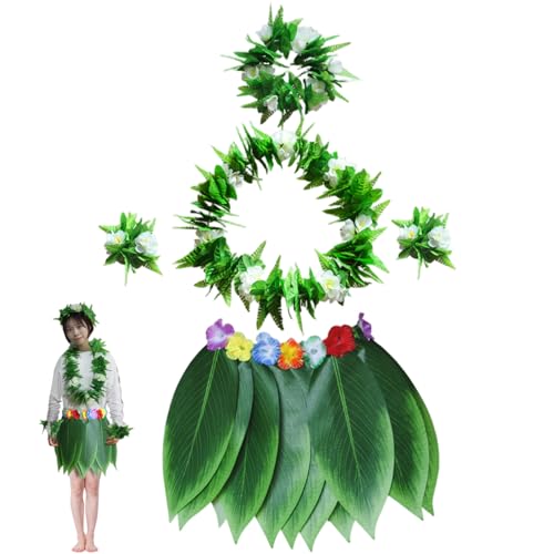 Hula Skirt for Adult 5PCS/Set Green Leaf Skirt with Necklaces Bracelets Headband Hawaiian Fancy Dress for Luau Party Favors, M Hawaiian Fancy Dress Women Hula Skirts for Adults Grass2