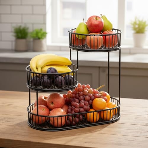 Image of 3 Tier Fruit Basket Bowl for Kitchen | Countertop Metal Wire Kitchen Storage Basket for Fruits, Vegetables and Snacks - Black