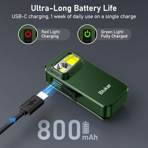 Blukar Latarka LED Ładowane, Superjasna Mini Latarka EDC z Klipsem, 3 źródła światła, 5 Trybów, Trwała, Eodoodporna, Kompaktowa w Sytuacjach Awaryjnych, Podczas Pieszych Wędrówek -Ciemnozielony