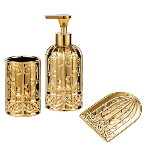 JOLOSK Gold Modern - Juego de Accesorios de baño de 3 Piezas: dispensador de jabón, jabonera, Vaso de cerámica con Acabado Dorado Brillante