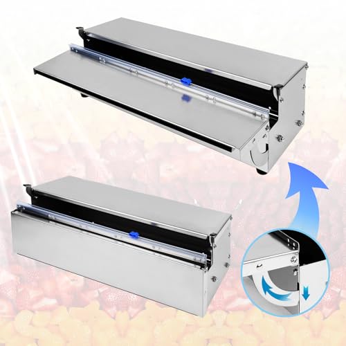 Edelstahl Folienspender für Frischhaltefolie & Alufolie, 45cm Frischhaltefolienspender, Plastic Wrap Dispenser mit Cutter, Hygienisch Staubdicht, Faltbar mit 2 Ersatzklingen