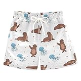 CUPADA Boys Board Shorts Seals Jellyfish Dots Background Beach Shorts Kids Swim Trunk Swimsuit Swim Trunk Short 8-9T