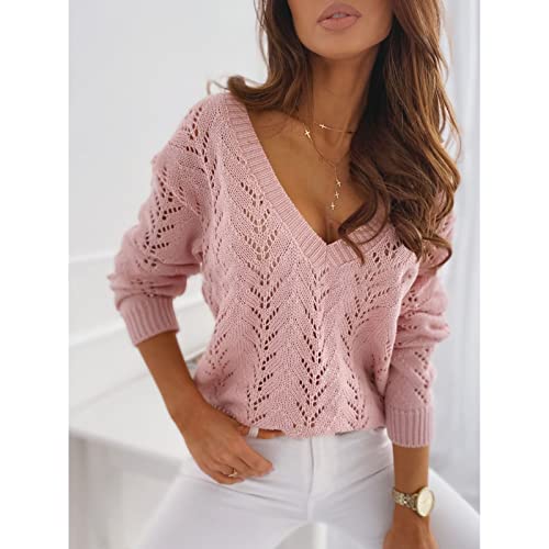 Suéter Feminino de tricô, Blusa Feminina Elegante Com Decote Em V Profundo Oco e Manga Comprida para