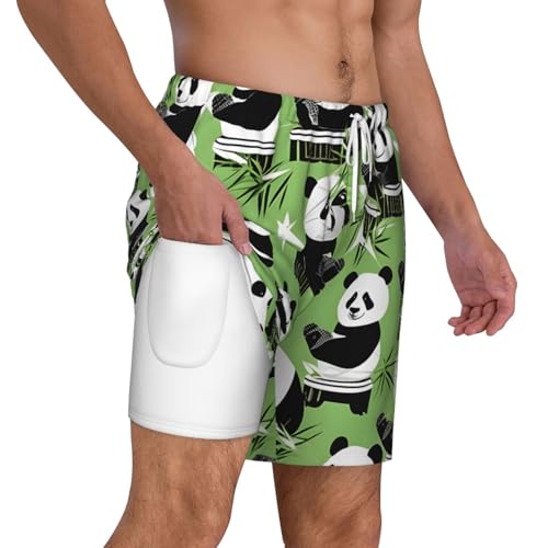 Men's Panda Bamboo Print Quick-Dry Mesh Swim Trunks Stretch Lining Beach Shorts Surfing Summer Vacations