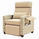 Garvee Outdoor Recliner Chair, 145° Adjustable Backrest & Footrest Lounge Chair with Removable Cushion and Flip-Up Side Table, All-Weather PE Wicker & Steel Frame for Poolside, Deck, Balcony, Khaki