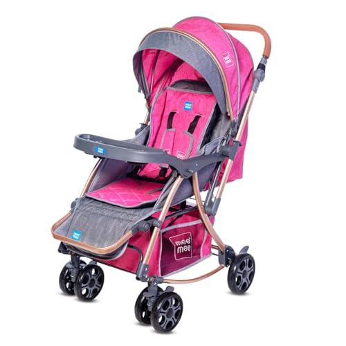 Image of Mee Mee Baby 2-in-1 Pram /Stroller Cum Rocker, with 3 Reclining Positions, Wheel Brakes, Reversible Handle, Water-Resistant Canopy, Spacious Storage Basket, and 5-Point Safety Harness (0-3 Yrs, Red)