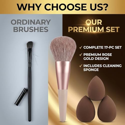 Image of 17Pc Makeup Kit Set - Premium 13-Piece Makeup Brush Set with 3 Makeup sponges & 1 Color-Removal Sponge - Soft Synthetic Bristles, Rose Gold & Cream Design with Velvet Travel Pouch - Complete Professional Beauty Tools (Coffee Edition) (Clean sponge and makeup puffs , color may vary or multicolour)