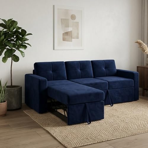 Image of FURNY Tira 4 Seater LHS Lounger Sofa Cum Bed (Dark Blue) with Pull-Out Function | Luxury Velvet Suede Finish | Durable Comfort | Ideal for Living Room