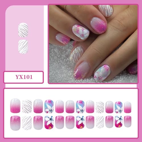 Image of Pink Ombre Press on Nails Glitter Fake Nails Flower Nail Press ons with Stripe Design Glossy Full Cover Short Square Stick on Nail for Women Manicure 24Pcs