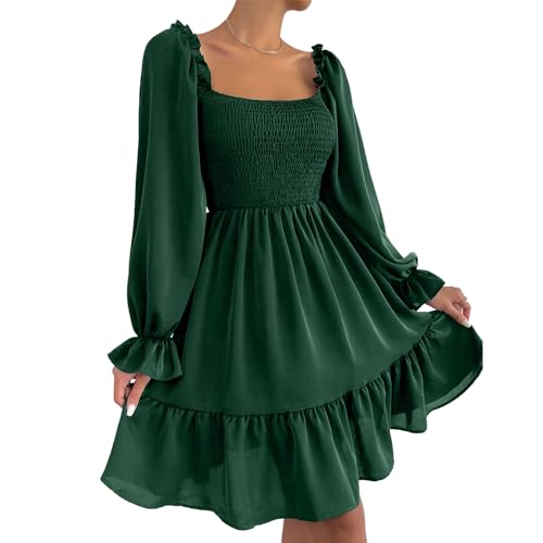 Ekaliy Women's Square Neck Puff Sleeve Dress Smocked Casual A Line Swing Flowy Ruffle Hem Babydoll Mini Dress