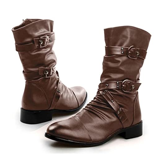 Women's Fashion Buckle Strap Slouch Mid Calf Boots Comfy Chunky Low Heels Faux Leather Round Toe Casual Boots With Zip #TOP4