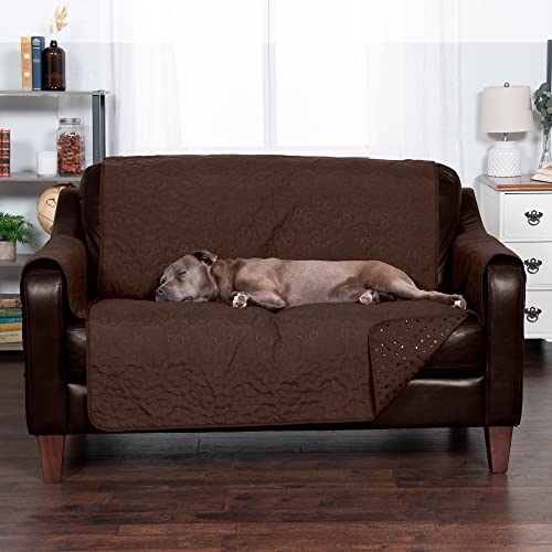 Image of Furhaven Waterproof & Non-Slip Loveseat Cover Protector for Dogs, Cats, & Children - Quilted Paw Print Living Room Furniture Cover - Espresso, Loveseat