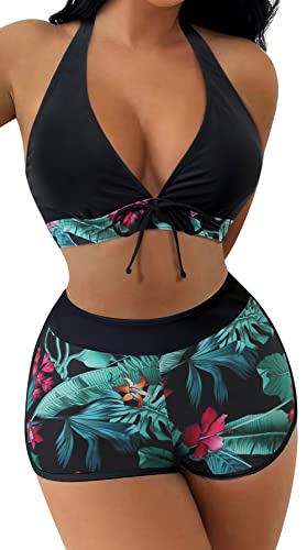 Women's Two Piece Halter Swimsuit V Neck Push Up Bikini Set Swimwear with Boyshorts Swimwear for Swimming Pool