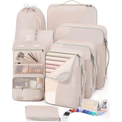 10 Set/8 Set Packing Cubes for Travel, Gifts for Women Mom,Anti-Tearing Suitcase Organizer for Luggage with Shoe & Hanging Toiletry Bag,OlarHike Vacation Essentials & Accessories for Cruise Ship,Cream