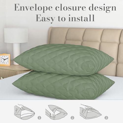 Image of LINENWALAS Cotton Quilted Pillow Cover - Set of 2 | Ultra-Soft, Cooling & Breathable | Skin & Hair Friendly |Zipper Closure | Sweat-Absorbent & Hypoallergenic (18x28 Inches, Avocado Green)