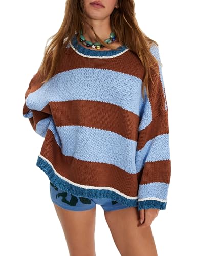 Wanzetaly Women's Oversized Striped Sweaters Knit Pullover Tops Fall Crewneck Sweater 2025 Trendy