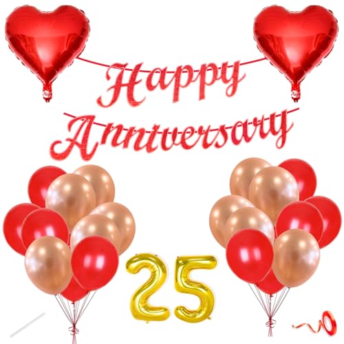 Image of Flyloons 25th Happy Anniversary Decoration Items Red Rose Gold for Men Women Husband Wife Mom Dad Couple Bedroom Car With 20 Pcs Metallic Balloons Anniversary Banner 2 Pcs Heart Set Kit Silver Jubilee