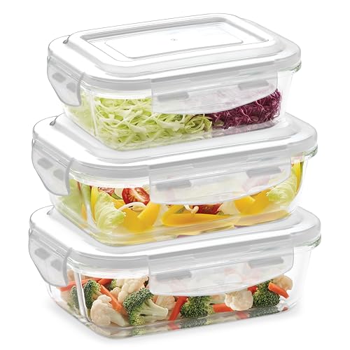 Image of Borosil Klip N Store Plus 3pc (1.4L + 1.52L + 2L) Food Storage Container with Air Tight Glass Lid | Borosilicate Glass Container for Lunchbox | Microwave & Dishwasher Safe | Transparent