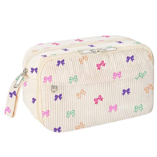 Image of WOBAGMEN Cute Pencil Case,Large Corduroy Zippered Pencil Case Pouch, aesthetic Pencil Bag with Compartments, Pencil Pouch School Supplies (HY-corduroy pc-coloful bow)