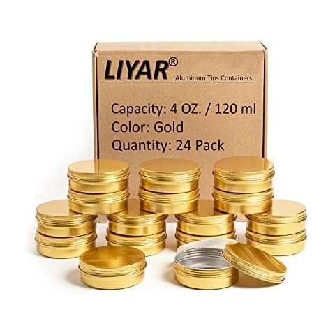 LIYAR 4 oz Tins with Lids 50 Pack, Aluminum Tin Cans Round Salve Tins, 4oz Tins Screw Top Containers Metal Tins with Lids Travel Tins, Food Tins Containers 4 oz Tins for Balm, Salve, Speice, Gold Cover