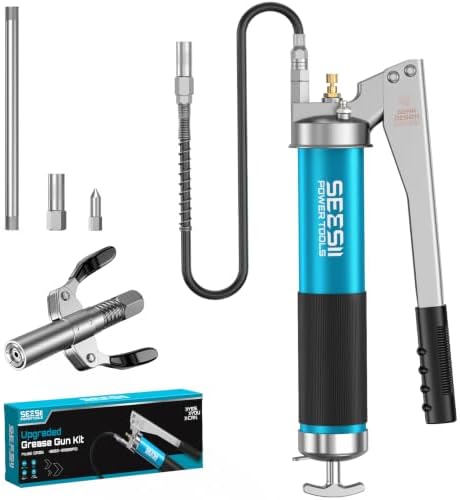 Seesii 10000PSI Fettpresse,Hebel mit Getriebe,Optimiertes Entlüftungsventil | 400 ml Fettpressen-Set, Schnellkupplung, 45 cm Schlauch, Düse & Starrrohr, Für Anhänger & Baumaschinen
