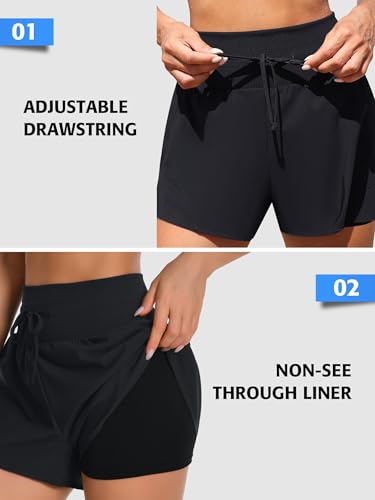 Image of ATTRACO Women's 3 inch High Waisted Swim Board Shorts Pleated Summer Beach Shorts with Pockets