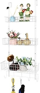 UOMIO Over The Door Hooks Hanger Storage Shelf Heavy Duty Steel Coat Rack Basket Holder White Metal Over Door Racks Towel Hooks with 5 Hooks & 3 Tier Baskets for Bathroom, Bedroom, Office