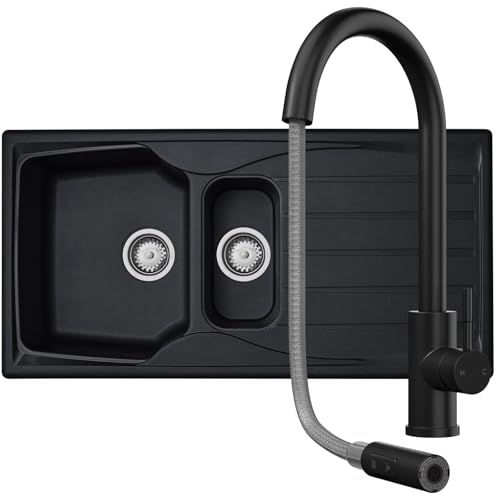 Liquida CMP15BL 1.5 Bowl Reversible Black Kitchen Sink and Pull Out CT453MB Tap