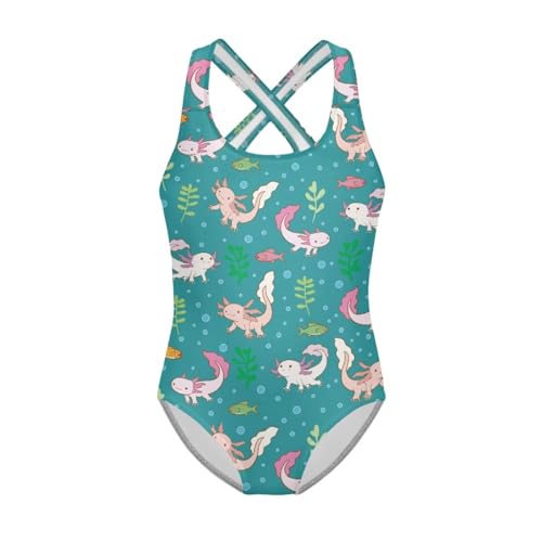 Image of Girls One Piece Swimsuit Axolotl Cross Back Straps Bathing Suit Lightweight Quick Dry Gymnastics Leotard