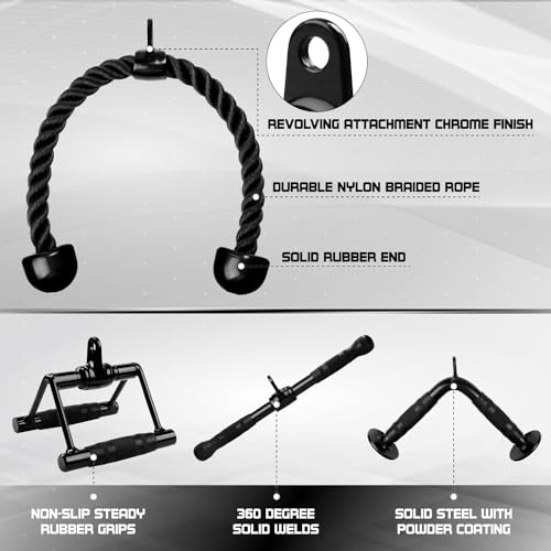 Image of Yes4All Black Combo Tricep Press Down Cable Machine Attachment, LAT Pulldown Attachments for Gym Set with Tricep Rope, Double D Handles, V-Shaped Bar, Single D, Rotating Pull Down Straight Bar