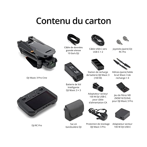 DJI Mavic 3 Pro Cine avec DJI RC Pro (écran haute luminosité), Drone phare à trois caméras, Compatibilité Apple ProRes avec 1 To de stockage. Trois Batteries de Vol Intelligentes