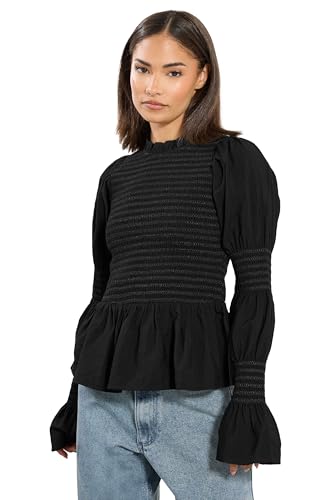 Image of PixieGirl Petite Black Shirred Peplum Smock Top Petite