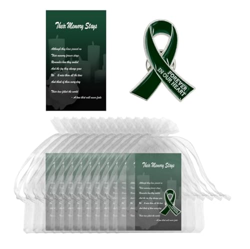 Image of 60 Set Funeral Ribbon Pins Memorial Pin Forever in Our Hearts Lapel Pin Remembrance Brooch with Prayer Cards & Organza Bags