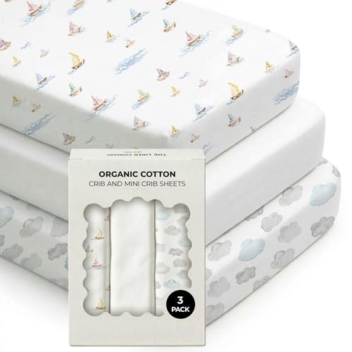 Image of 100% Organic Cotton Baby Crib Sheets (3-Pack) – GOTS Certified, Soft Fitted Sheets for Mini Mattress & Pack n Play, 5" Deep Pocket with Secure Elastic Fit, Boys & Girls, 28" x 55" (Watercolors)